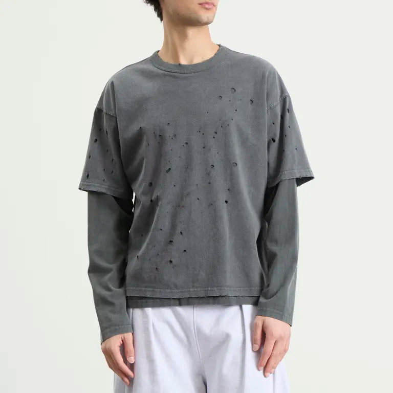 BEAMS Layered Damage Long Sleeve T-Shirt