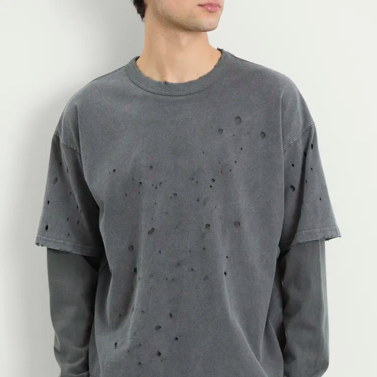 BEAMS Layered Damage Long Sleeve T-Shirt